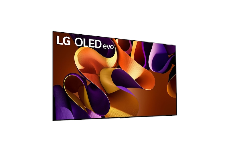 Vista laterale leggermente inclinata verso sinistra del TV LG OLED evo, OLED G4 sulla parete